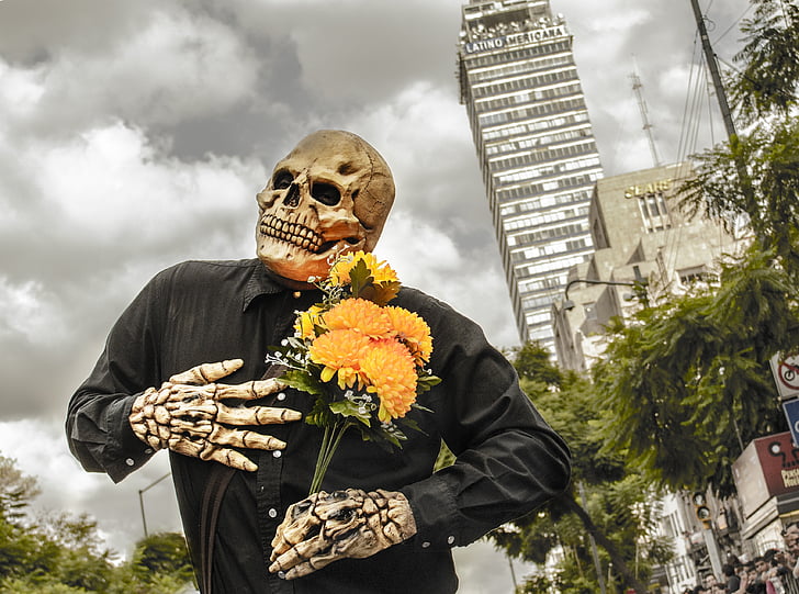 kostym, skalle, blommor, Mexico, dödas dag tradition, diademuertos, män