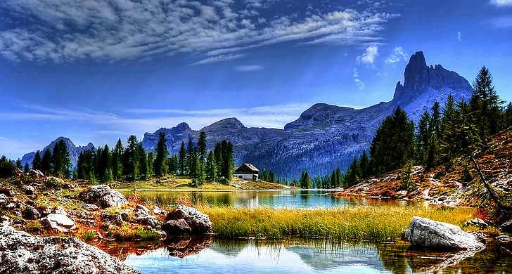 dolomites, lake, mountains, landscape, mood, forest, nature
