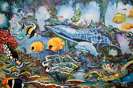 mural de la pared, Fondo, telón de fondo, artística, arte, colorido, vida acuática