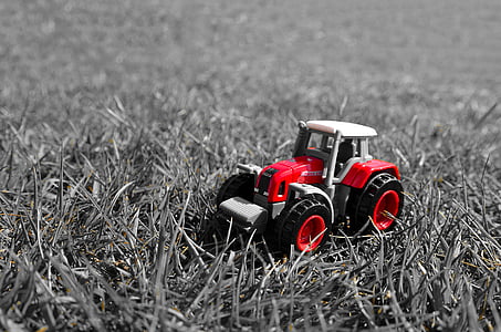 red, tractor, toy, model, grass, season, light effect