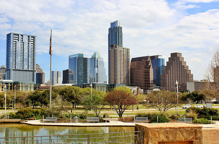 Skyline, Panoráma mesta, mrakodrapy, Park, jazero, Austin, Texas