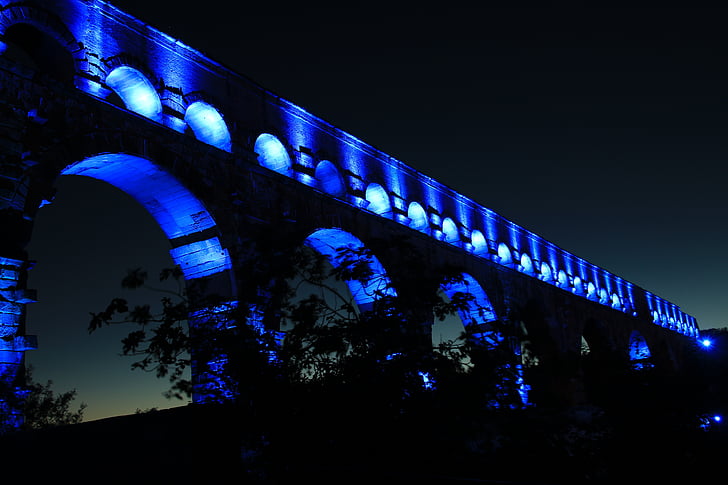 Pont du gard, França, ponte, aqaedukt, à noite, arquitetura, iluminado