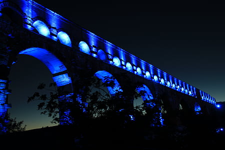 Pont du gard, Francia, puente, aqaedukt, noche, arquitectura, iluminados