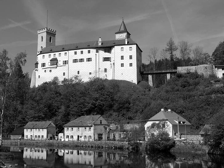 Rosenberg, Castelo, Boêmia do Sul de património, preto e branco, velho, história, arquitetura