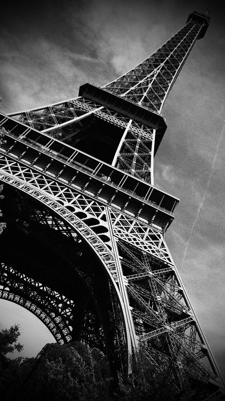 Paris, Eifeļa tornis, interesantas vietas, gadsimta izstāde, siluets, melnbalts, tornis