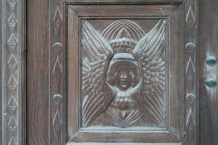Ангел, издълбани, дървен материал, гол, фигура, дърворезба, лицето