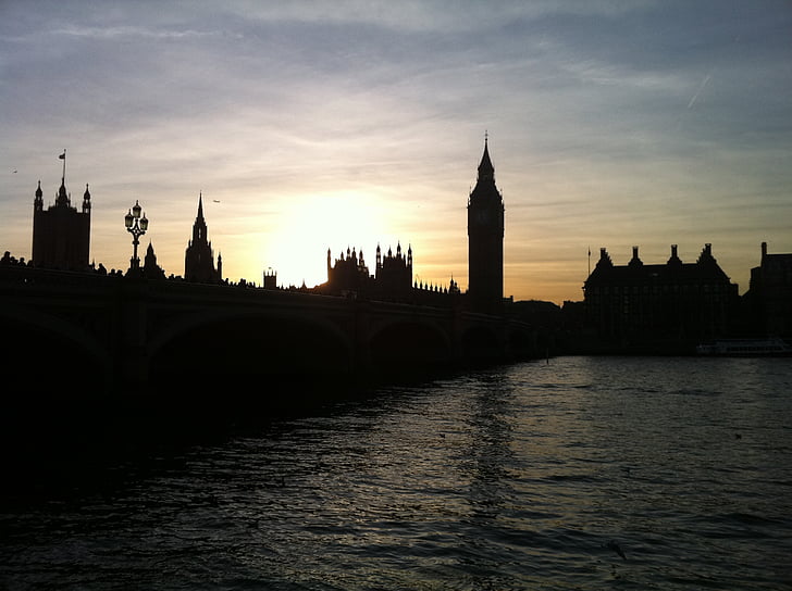 Λονδίνο, Μπιγκ Μπεν, το βράδυ, Τάμεσης, Ήλιος, ηλιοβασίλεμα, πορτοκαλί