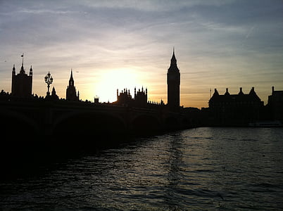Londýn, big ben, večer, Temže, slunce, Západ slunce, oranžová