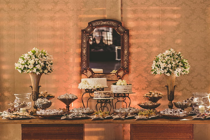 mariage, gâteau de table, décoration, fleur, vase, Tableau
