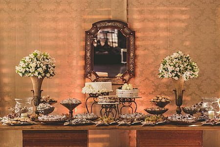 huwelijk, tabel taart, decoratie, bloem, vaas, tabel