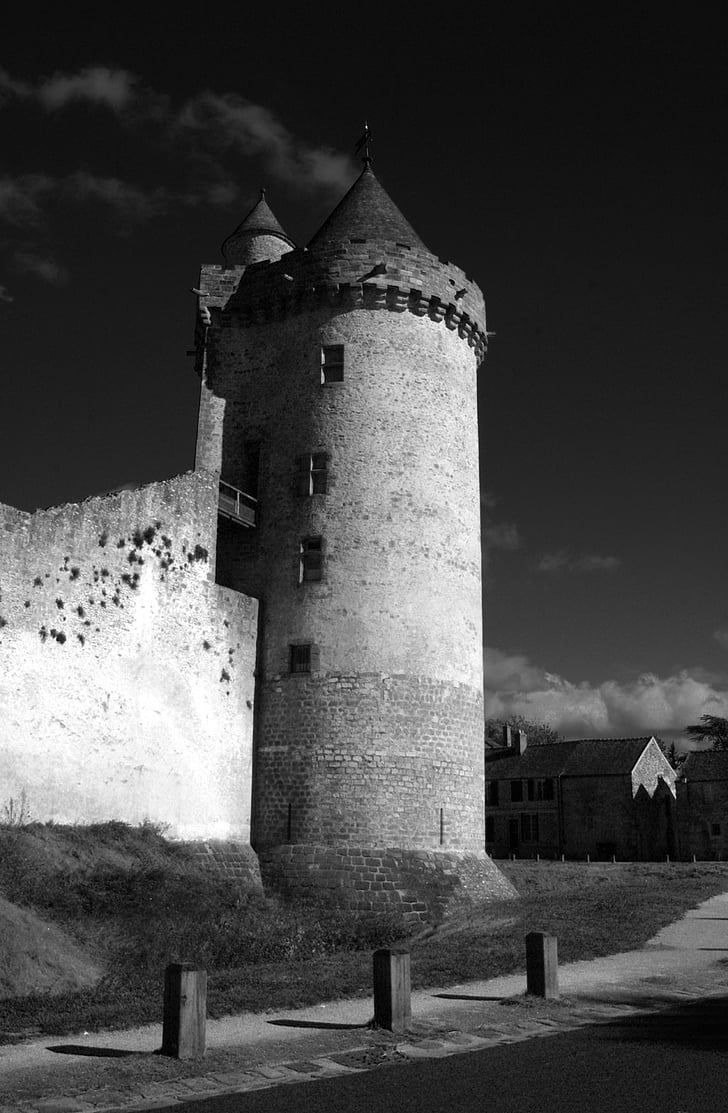 Blandy wieże, Fort, silne zamek, czarno-białe, Francja, dziedzictwo