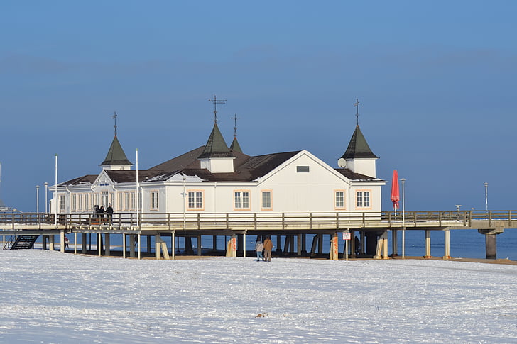 Mar Báltico, Seebad ahlbeck, Inverno, praia, ponte de mar