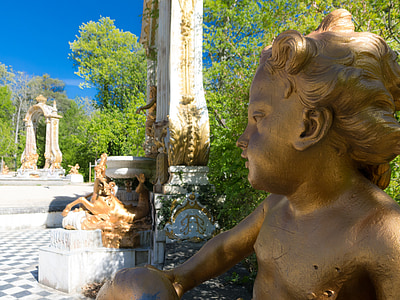 angel, statue, palace, garden, architecture, madrid, peaceful