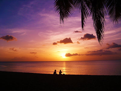 zalazak sunca, plaža, Guadeloupe, more, večer, dlan, svjetla i sjene