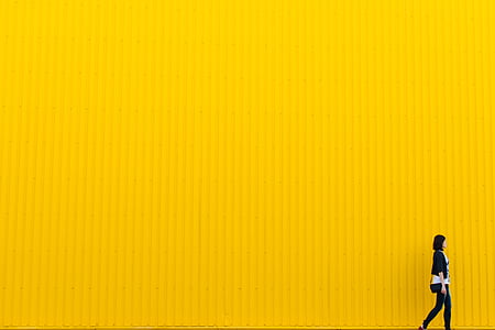 woman, beside, yellow, wall, building, architecture, girl