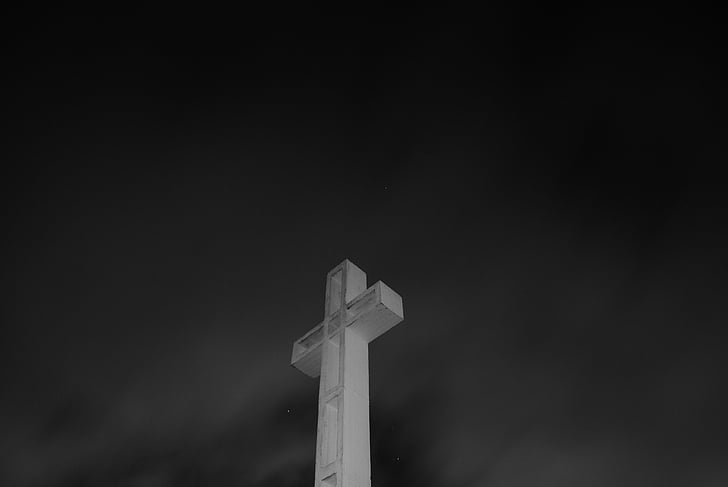 white, cross, statue, night, time, religion, sky