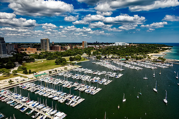 Milwaukee, Wisconsin, Şehir, Kentsel, gökyüzü, bulutlar, Marina