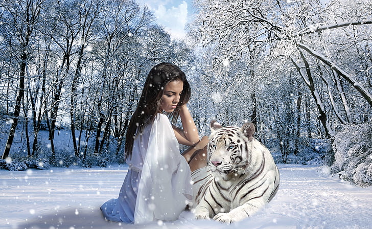 žena, tigar, snijeg, Zima, priroda, osjećaje, izgled