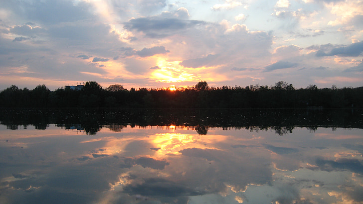 mirroring, forest, sunset, lake, orange, sky, mood