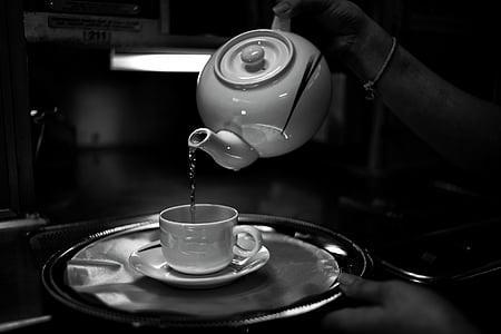 black-and-white, cup, drink, mug, saucer, tea, teapot