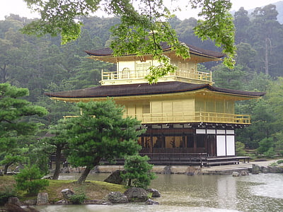 Japonsko, Kioto, Kinkaku-ji, pavilon, zlato, chrám, déšť