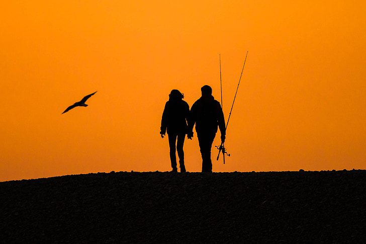 sunset, people, summer, beach, silhouettes, a couple of, romantic