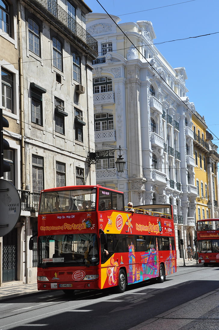 Autobus, Miasto, Ulica, budynek, Lizbona, Portugalia