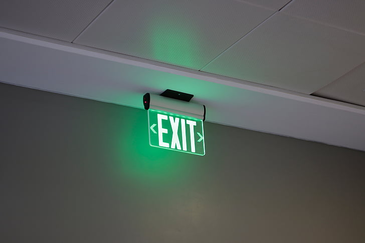 green, led, ceiling, mount, exit, sign, building