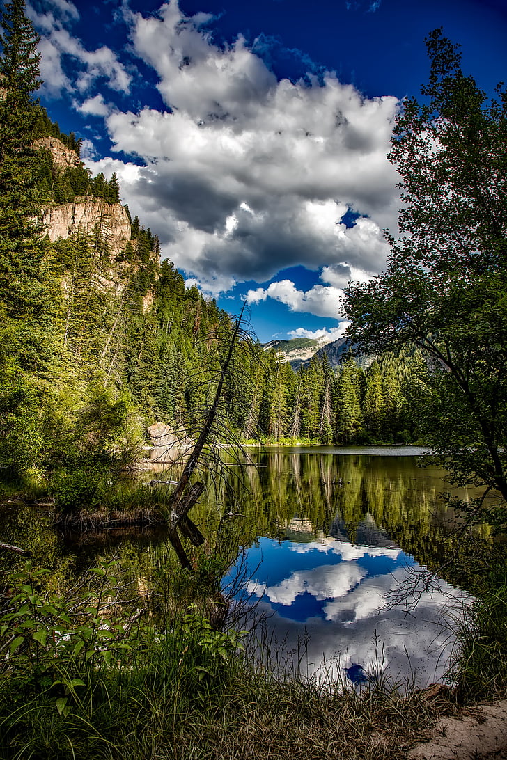 lizard lake, colorado, reflections, sky, clouds, mountains, forest