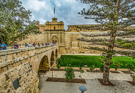 mdina, malta, gates, castle, bridge, mediterranean, wall