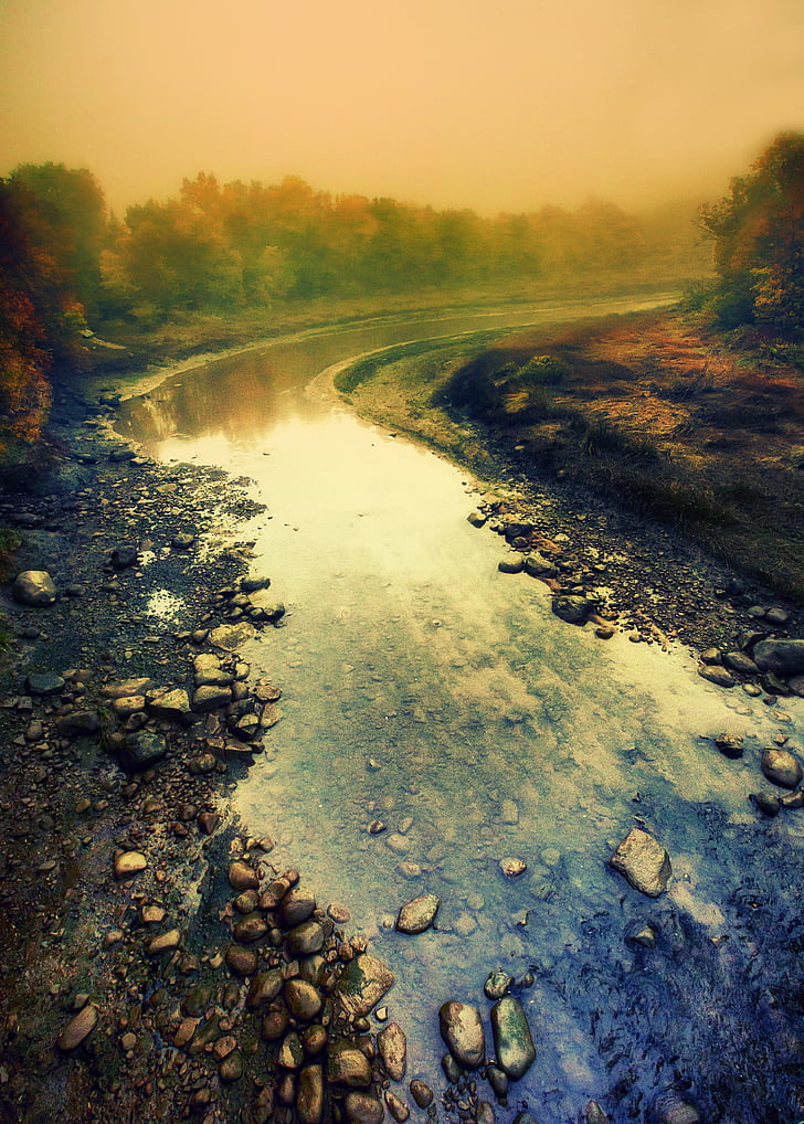 floden, tåge, landskab, tåge, refleksioner, horisonten, sten