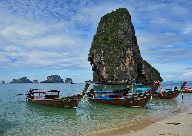 phra nang, thailand, tropical, paradise, boat, nautical vessel, rock - object