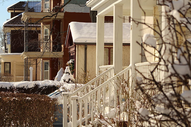 Somerville, MA, invierno, nieve, casas, porche, Massachusetts