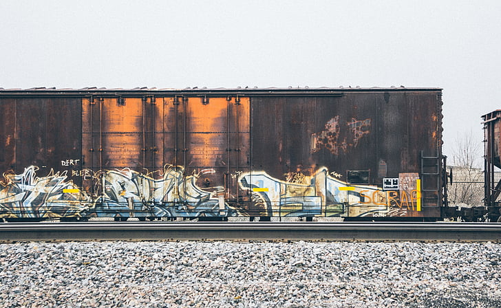 intermodal, container, graffiti, train, tracks, railroad, railway