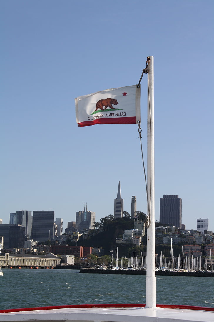 california, flag, boat, skyline, san francisco