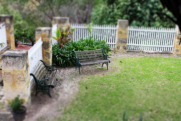 bench, garden, park, lawn, tilt-shift