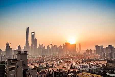 shanghai, tall buildings, lu jia zui, sunset, cityscape