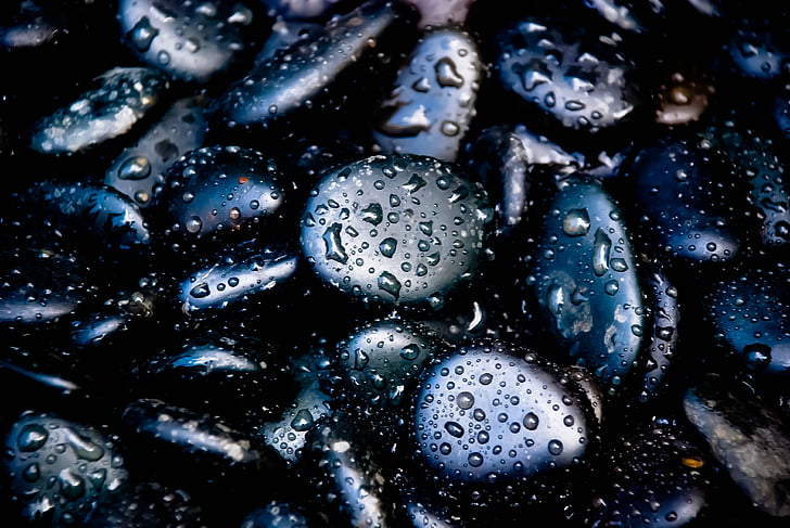 roller, black pebbles, rain, pebbles, drop, raindrop, wet