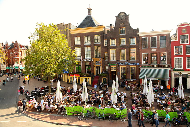 Groningenas, aikštė, miesto peizažas, centras, žmonės, gatvė, turizmo