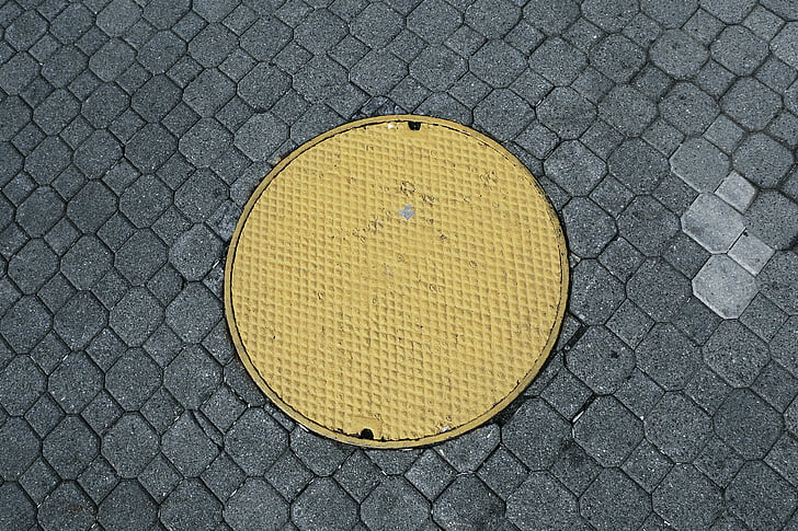 round, yellow, frame, manhole, cobblestone, pattern, texture