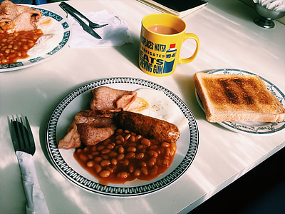engelsk, frokost, toast, te, mat, bacon, egg
