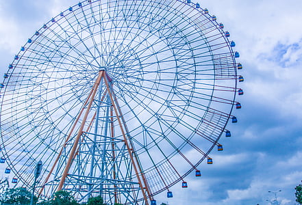 the ferris wheel, wide angle, blue, fresh
