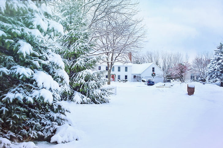 christmas house, snowy neighborhood, snow, winter, neighborhood, house, christmas