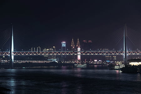 vista nocturna, nanbin, Chongqing, any nou xinès, ciutat, Pont, llums