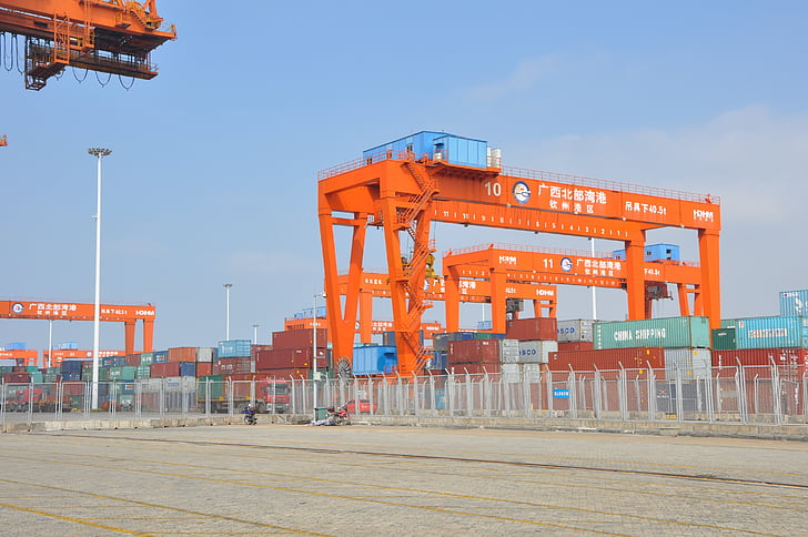 Qinzhou, Pier, port, beholdere, Crane