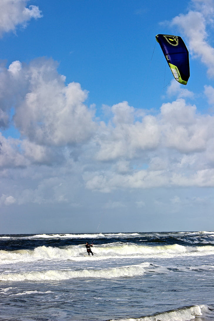 Kite, surfista, surf, mar, Mar do Norte, céu
