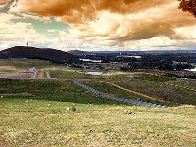 Canberra, Australia, krajobraz, sceniczny, niebo, chmury, drogi