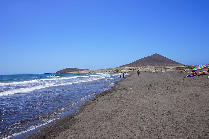 strand, Medano beach, Tenerife, kust, zuidkust, natuurlijke strand, water