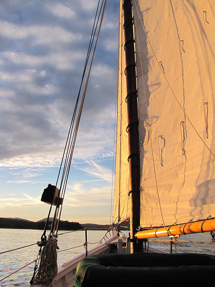 segling, solnedgång, Maine