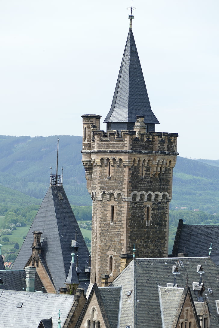 sklenjen wernigerode, stolp, grajski stolp, stolna cerkev, strehe, srednjeveške, srednjem veku